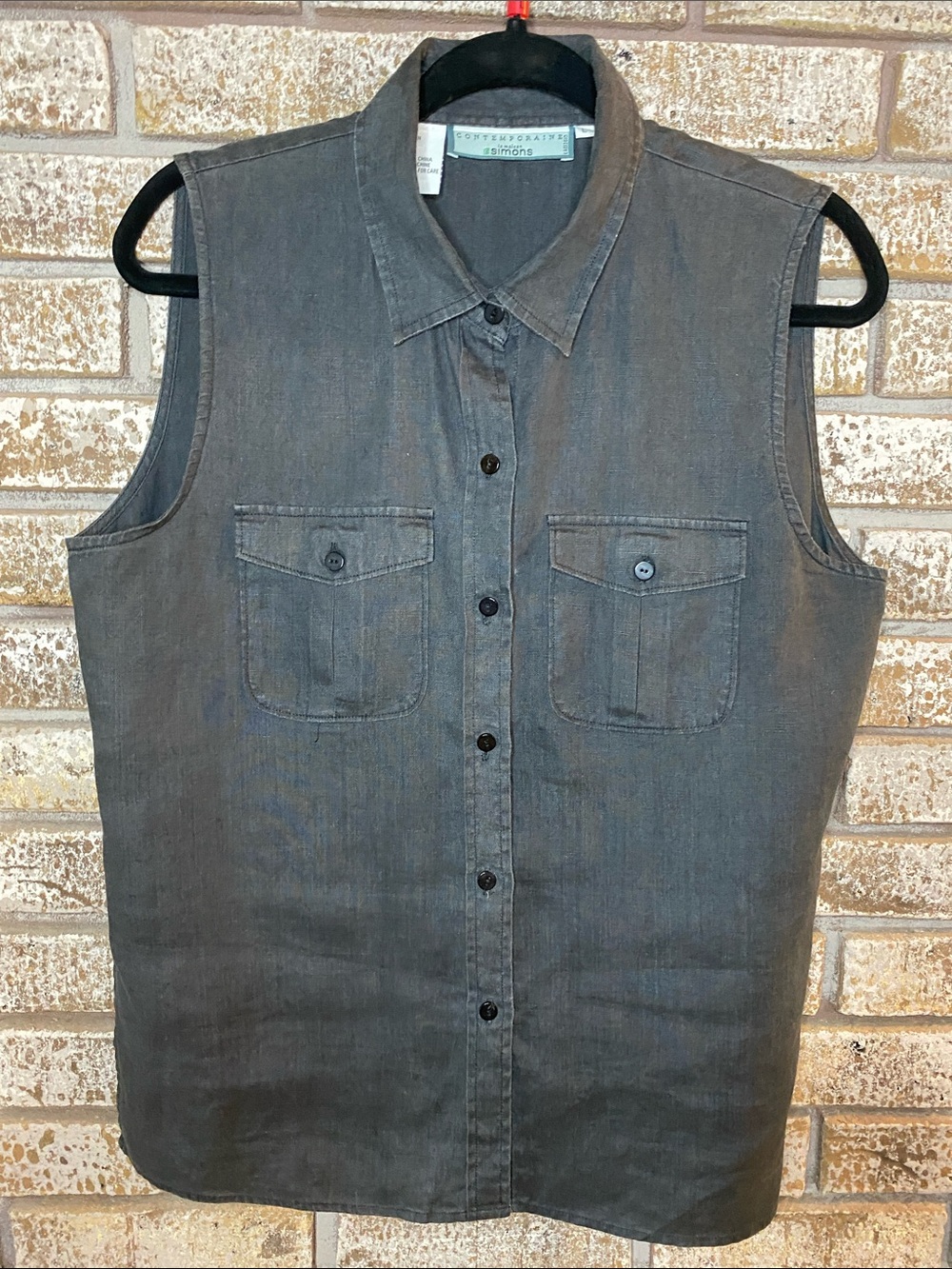 Contemporary Simmons Sleeveless 100% Linen Button-Front Shirt Charcoal Black